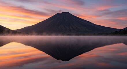 Majestic mountain peak reflected in tranquil lake at sunrise or sunset