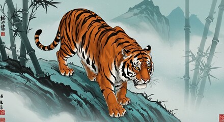 Majestic tiger painting on mountain slope artistic illustration