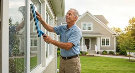 Man cleaning window of house with squeegee on sunny day