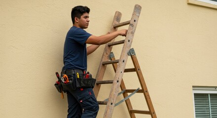 Man ascends wooden ladder near building with tools in utility belt
