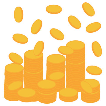 降り注ぐ大量の金貨と積み上げられたコインの山