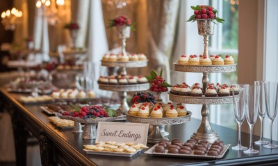 Elegant dessert display on a table with tiered servers, champagne flutes, and a sign