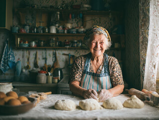 Smiling elderly woman baking bread in cozy kitchen with dough on floured table, warm light and rustic utensils