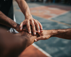 Hands team sport basketball court huddle teamwork unity players support motivation