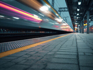 Train platform motion blur night lights and empty edge with passing high speed train creating colorful streaks