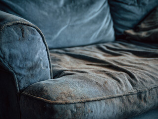 Worn blue corduroy sofa cushion with visible creases and textured fabric showing lived in patina and soft folds