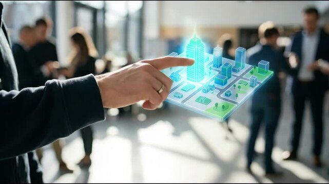 Interactive hand hologram city model for urban planning touch technology with professionals, pointing miniature streets parks buildings