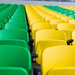 Fototapeta premium Empty green and yellow plastic stadium seats in rows. Brazil in 2026 soccer world championship.