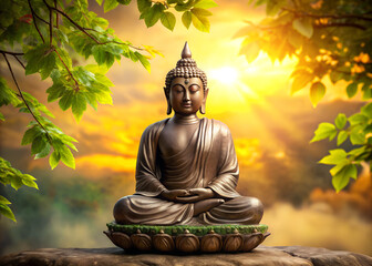 Obraz premium Serene Buddha Statue Meditating Outdoors with Golden Sunlight and Green Foliage