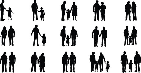 Family people silhouettes icon set, parents and children, couples, togetherness, love, human relationships, walking poses isolated on white background