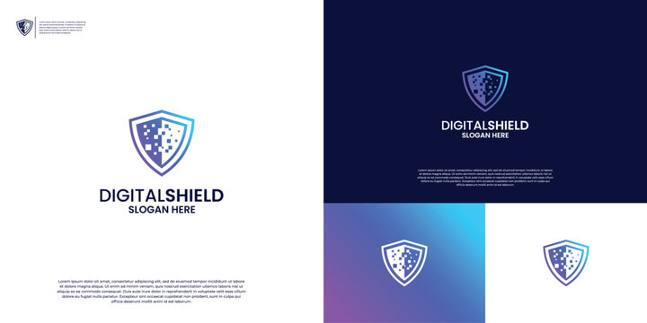 Futuristic shield data security logo design. Abstract symbol for business technology