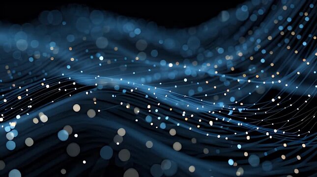 A digital art piece that depicts blue waves and sparkling lights creating an abstract and dynamic display against black. The lights appear bokeh