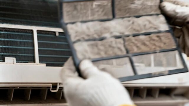 A person wearing gloves removes a heavily clogged, dust-covered air filter from a dirty wall-mounted air conditioning unit.