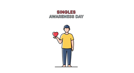 A cheerful young man holding a heart-shaped balloon on Singles Awareness Day, standing alone with a joyful and empowered mood, against a clean white background with bold text.