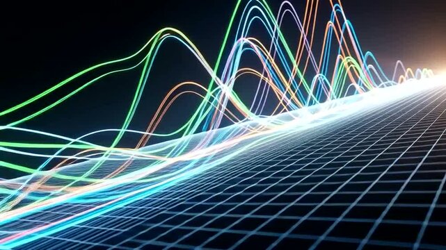 Vibrant Neon Waves on Grid Surface.