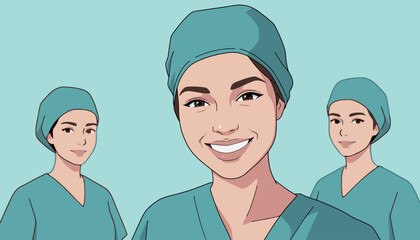 Surgeons in scrubs stand together with smiles. The scene shows teamwork and support in a hospital environment during a busy day.