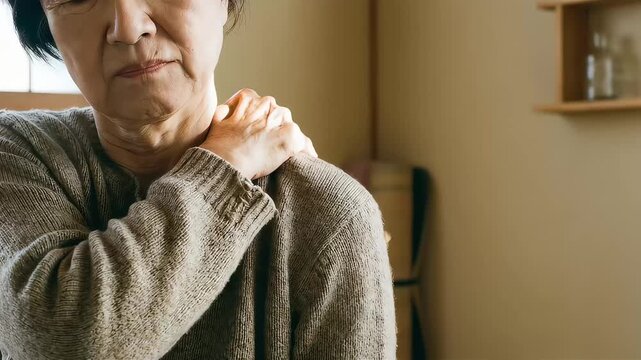 肩の激しい痛みやつらさを訴える高齢の日本人女性。和室でのセルフケアシーン
