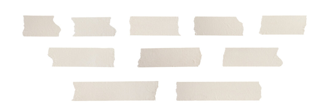 collection of torn paper masking tape strips in various sizes and shapes, isolated on a transparent background, for creative design and scrapbooking.