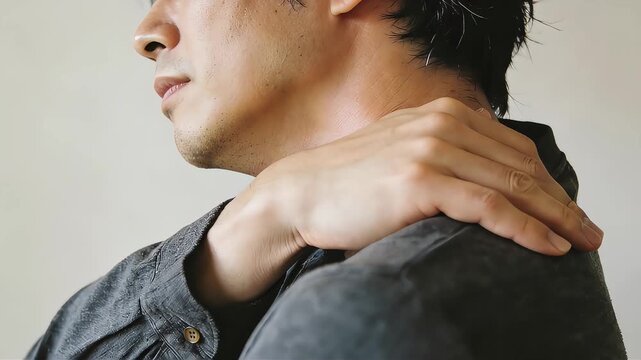 首から肩にかけての凝りや違和感を訴える日本人男性。サイドビューのクローズアップ