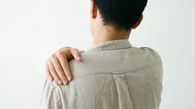 肩こりに悩む日本人男性。背後から捉えた肩を揉むセルフマッサージシーン