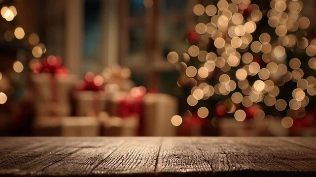 Rustic wooden table with Christmas tree and gift boxes in the background.