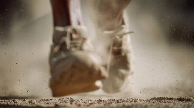 Runner s feet in motion on dusty trail close up