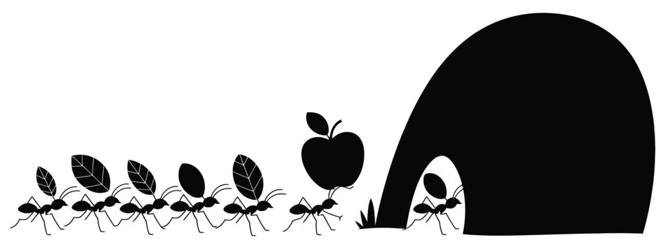 ants carrying leaves and berry to anthill teamwork nature illustration.