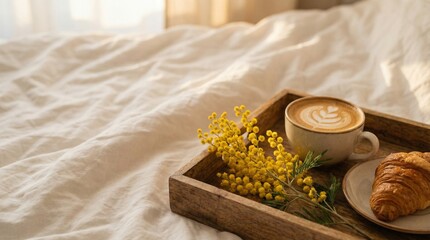 Breakfast in bed tray with coffee, croissant, and mimosa flowers on white sheets for a tranquil morning self-care concept in warm natural light