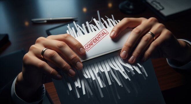 A person shredding confidential documents in a dark office setting