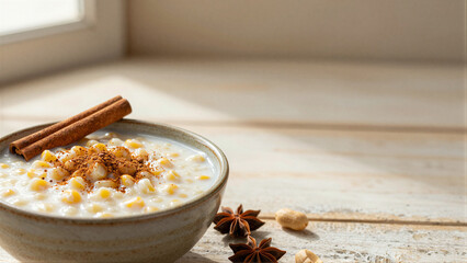 Warm sweet corn pudding with cinnamon sticks and star anise on a rustic wooden table for a traditional comfort food concept