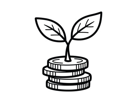 Hand drawn illustration of a plant growing on a coin stack. Concept of financial growth, savings, and investment. Black outline sketch isolated on white background.