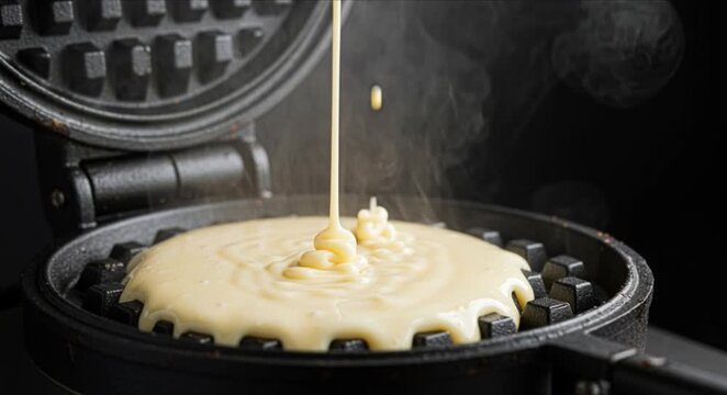 Extreme close up of glossy waffle batter cascading into heated waffle iron mold with soft steam for international waffle day culinary campaign