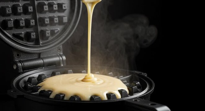 Extreme close up of glossy waffle batter cascading into heated waffle iron mold with soft steam for international waffle day culinary campaign