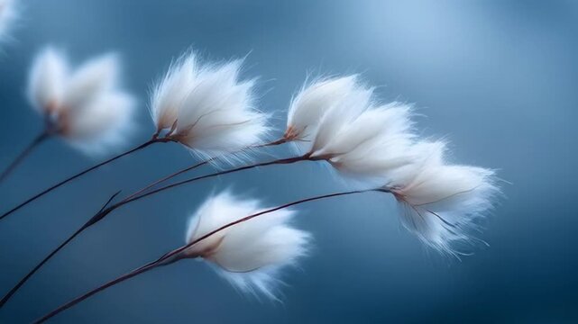 Delicate white flowers with feathery plumes against a blue background.
