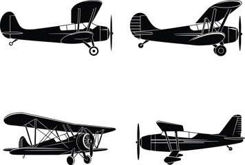 Vintage biplane aircraft silhouettes collection, classic retro airplanes vector illustration, aviation transport icons isolated on light background, historical flight design © SREECHNA