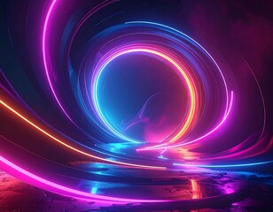 Swirling, luminous neon light trails in a vibrant, futuristic scene