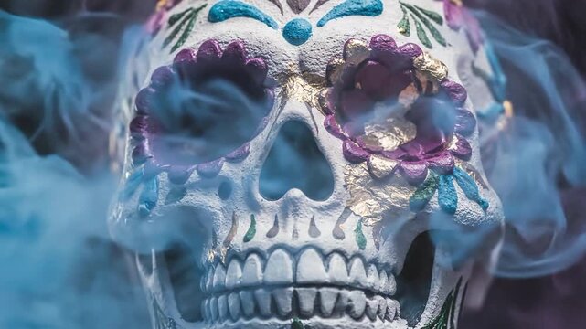 Decorated sugar skull featuring colorful floral patterns and a mystical smoky haze, suitable for cultural event promotion, holiday design, artistic backgrounds, or spiritual themes.