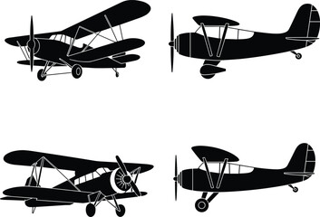 Vintage biplane aircraft silhouettes, retro aviation vector set, classic propeller airplanes collection, isolated black shapes for transportation design illustration artwork, historic flight © SREECHNA