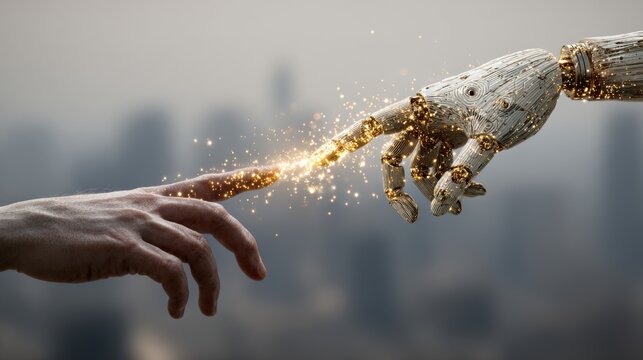 A human finger and a robotic hand touch with a glowing spark over a misty city skyline backdrop. 