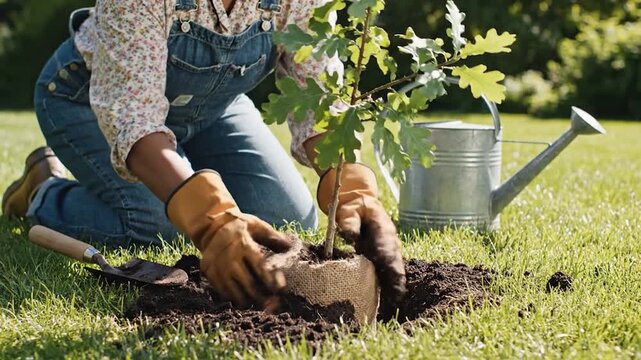 Person in gardening gloves planting a young tree in a green lawn on a sunny day.