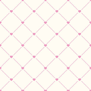 薄いピンクの波線アーガイルと小さいハートのパターン背景