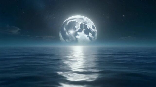 A bright full moon reflects on the ocean surface, forming a serene nocturnal scene filled with calm light and gentle mist.