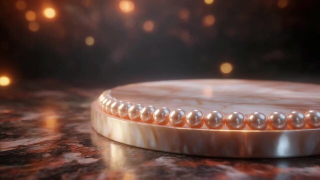 Decorative platform rimmed with pearls illuminated by soft bokeh lights creating a glamorous elegant scene ideal for jewelry or luxury product display.