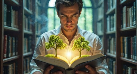 A man explores ancient wisdom, discovering illuminated trees symbolizing knowledge and growth within a library's sacred halls. Use: Book cover hero.