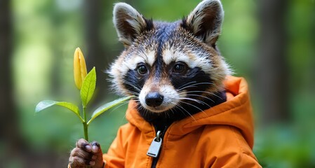 A small, cute animal in a vibrant orange jacket holds a yellow and green plant with forest foliage as backdrop.