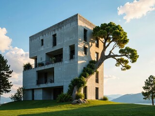 A modern, multi-level concrete residential structure seamlessly blends with its natural surroundings. Balconies adorned with plants add vibrancy as.