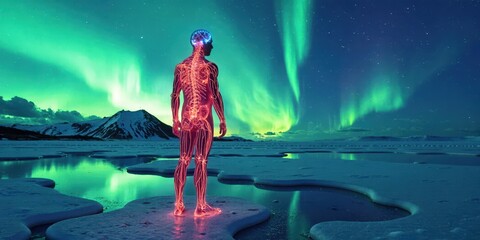 A man's glowing human structure stands amidst icy waters, under the Northern Lights' mesmerizing green glow. Use: health & wellness blog hero.