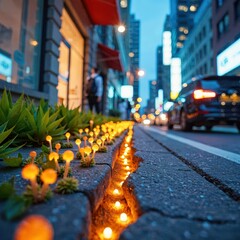 Urban street adorned with glowing mushroom decorations at twilight; Use: travel blog hero, urban lifestyle magazine feature.