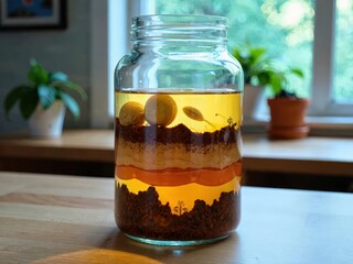 A clear glass jar filled with lemons and spices, creating a visually appealing layered effect.