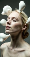 A model with blank, serene expression surrounded by white abstract sculptures against a dark backdrop. Ideal for artistic and contemplative themes.